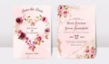 Floral wedding invitation template set with gold burgundy and brown roses flowers and leaves decoration. Botanic card design