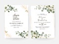 Floral wedding invitation template set with leaves and horizontal line decoration. Botanic card design concept