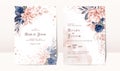 Floral wedding invitation template set with navy and peach watercolor roses and leaves decoration. Botanic card design concept Royalty Free Stock Photo