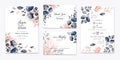 Floral wedding invitation template set with navy and peach watercolor roses and leaves decoration. Botanic card design concept Royalty Free Stock Photo