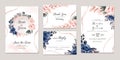 Floral wedding invitation template set with navy and peach watercolor roses and leaves decoration. Botanic card design concept