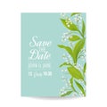 Floral Wedding Invitation Template with Spring Lily of the Valley Flowers. Save the Date Card, Anniversary Party, RSVP