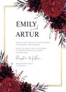 Floral wedding invite, invitation, greeting card editable vector design. Red garden rose flowers, burgundy dahlias, eucalyptus