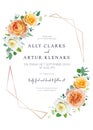 Floral wedding invite, save the date card. Bright peach orange, white yellow color garden rose flowers, jasmine, green eucalyptus Royalty Free Stock Photo