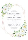 Floral wedding invite, save the date card. Ivory white lisanthus flowers, garden rose, jasmine, berries, seeded eucalyptus, green