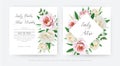 Floral wedding invite, save the date card set. Pink, peach peony flower, cream rose flowers, green garden leaves bouquet. Editable Royalty Free Stock Photo