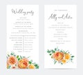 Floral wedding party, ceremony program card. Peach, orange, yellow color rose flowers, green eucalyptus branches, leaves bouquet Royalty Free Stock Photo