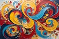 Floral Whirlwind: Abstract Painting with Swirls of Floral Elements Dominating the Canvas, Vibrant Juxtaposition of Reds, Blues,
