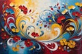Floral Whirlwind: Abstract Painting with Swirls of Floral Elements Dominating the Canvas, Vibrant Juxtaposition of Reds, Blues, Royalty Free Stock Photo