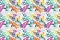 Floral white background with blue, green, orange, lilac and yelllow leaves. Leaves pattern