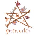 Floral wiccan pentacle with saying green witch. Pagan symbol made of tree branches and flowers. Royalty Free Stock Photo