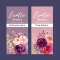 Floral wine flyer design with peony, rose, rowan watercolor illustration