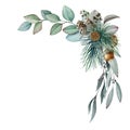 Floral winter natural arrangement watercolor illustration. Hand drawn rustic forest decor with pine, eucalyptus leaves and cone.
