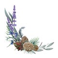 Floral winter seasonal arrangement watercolor illustration. Hand drawn rustic forest decor with pine, lavender, eucalyptus leaves. Royalty Free Stock Photo