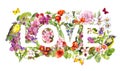 Floral word Love with meadow flowers, wild grass, ditsy butterflies and cute birds. Watercolor text