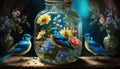 floral world in a bottle with blue birds Royalty Free Stock Photo