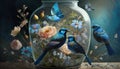 floral world in a bottle with blue birds Royalty Free Stock Photo