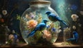 floral world in a bottle with blue birds Royalty Free Stock Photo