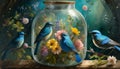 floral world in a bottle with blue birds Royalty Free Stock Photo