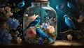 floral world in a bottle with blue birds Royalty Free Stock Photo