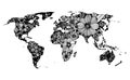 Floral world map, hand drawn, black and white doodle Royalty Free Stock Photo