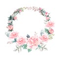 Floral wreath with apple or cherry flowers sakura blossom , roses flowers and feathers. Royalty Free Stock Photo