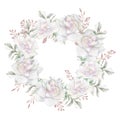 Floral wreath with apple or cherry flowers sakura blossom , roses flowers and feathers. Royalty Free Stock Photo