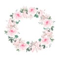 Floral wreath with apple or cherry flowers sakura blossom , roses flowers and feathers. Royalty Free Stock Photo