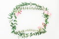 Floral wreath frame of pink roses and eucalyptus branches on white background. Flat lay, top view Royalty Free Stock Photo