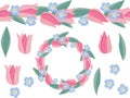 Floral wreath and garland made of stylized tulips and forget-me-nots. Flat style