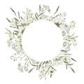 Floral wreath. Hand painted frame of greenery, wildflowers, herbs. Royalty Free Stock Photo