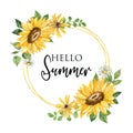 Watercolor sunflower wreath withy golden frame. Royalty Free Stock Photo