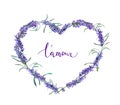 Floral wreath - heart shape with lavender flowers, french text L'amour . Watercolor for Valentine day, wedding Royalty Free Stock Photo
