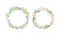 Floral Wreath with Leafy Tree Branch and Blooming Summer Flowers Vector Set