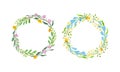Floral Wreath with Leafy Tree Branch and Blooming Summer Flowers Vector Set