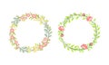 Floral Wreath with Leafy Tree Branch and Blooming Summer Flowers Vector Set