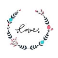 Floral wreath with love lettering. Royalty Free Stock Photo