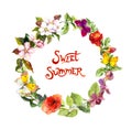 Floral wreath with meadow flowers, wild grass and butterflies. Watercolor circle border with text Sweet summer