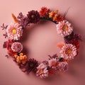 Floral wreath of pink asters and carnations. Floristics and decor. Generative AI