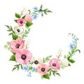 Floral wreath with pink, blue, and white flowers. Vector illustration