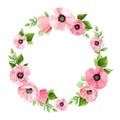 Floral wreath with pink flowers and green leaves. Vector illustration Royalty Free Stock Photo