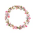 Floral wreath with pink flowers, hearts, keys. Watercolor circle border for Valentine day, wedding