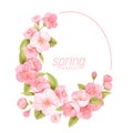 Floral wreath with realistic cherry flowers, exotic sakura blossom. Vector spring banner template illustration