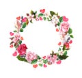 Floral wreath - roses flowers, feathers, hearts. Watercolor round border for Valentine day, wedding Royalty Free Stock Photo