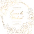 Floral wreath round frame rose peony narcissus daffodil spring flowers. Beautiful wedding invitation card.