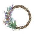 Floral wreath with sage, lavender, eucalyptus. Watercolor illustration. Rustic style vine twisted wreath with aroma