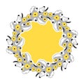 Floral wreath. Small illuminating yellow flowers and herbs on ultimate gray background. Vector illustration