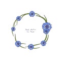 Floral wreath with stylized blue flowers of cornflowers and green leaves Royalty Free Stock Photo