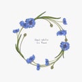 Floral wreath with stylized blue flowers of cornflowers and green leaves Royalty Free Stock Photo
