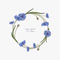 Floral wreath with stylized blue flowers of cornflowers and green leaves